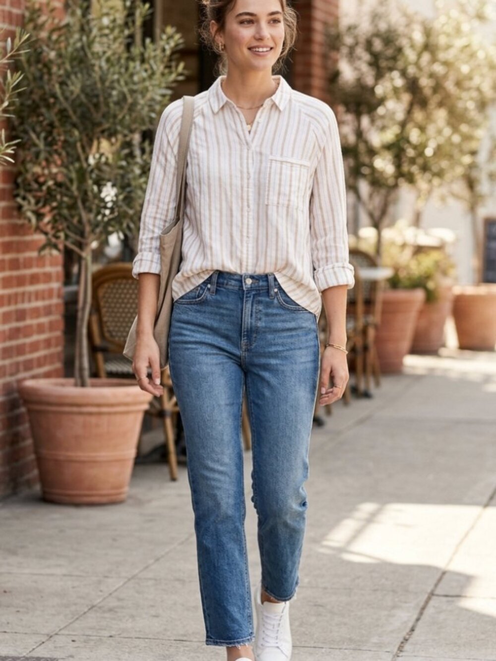 Aerie Linen Blend Lightweight Striped Button-Up Shirt Women's Small